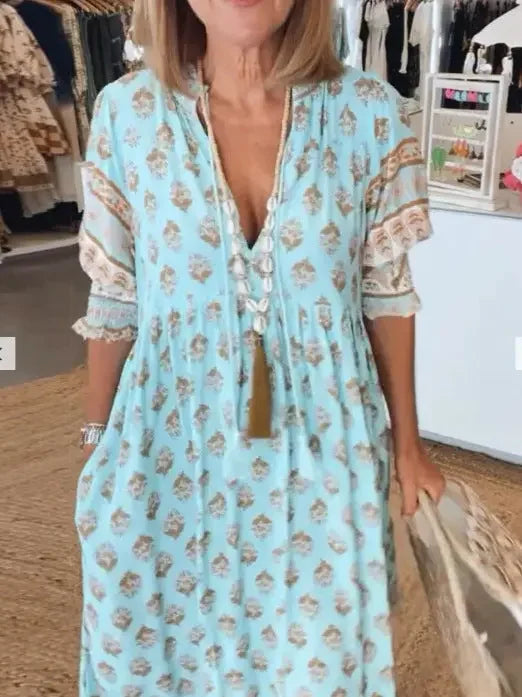 Robe à Col en V avec Imprimé - Manches Lanternes - Taille Haute - Grande Amplitude