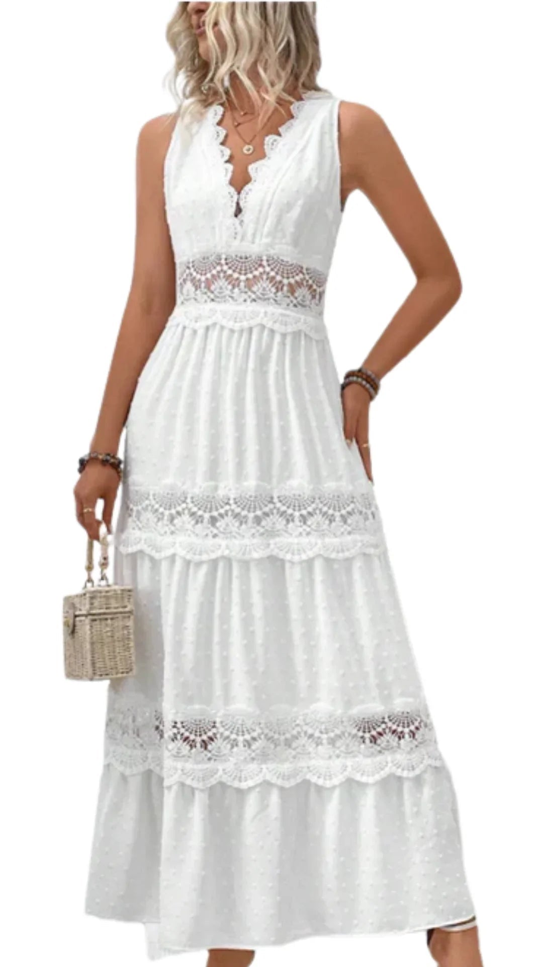 Robe sans manches en dentelle – col en V chic pour l’été