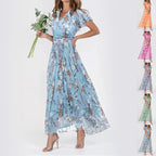 Flowers Print Short Sleeve Dress Summer Fashion Ruffle Beach Dresses Women's Clothing